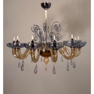 Venetian Chandelier Made Of Blue And Amber Murano Glass, 12 Light Arms, Circa 1980