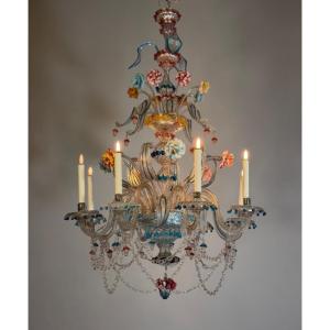Lustre vénitien en verre de Murano multicolore, 8 bras de lumière et trois niveaux de fleurs et