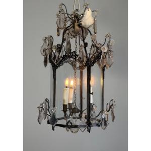 Louis XV-style Lantern In Blackened Brass, Cut-glass Pendants, Circa 1900