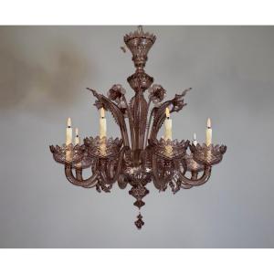 Lustre vénitien en verre de Murano de couleur améthyste, 8 bras de lumière, XXème siècle