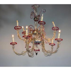 Lustre vénitien Rezzonico en verre de Murano incolore et rouge, vers 1900