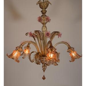 Lustre vénitien en verre de Murano mordoré et rose, 5 bras de lumière, vers 1930 