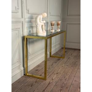 Console en métal doré et chromé, verre biseauté, vers 1980