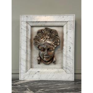 Female Mascaron Made Of Gray Ardennes Marble From The Regency Period, 18th Century