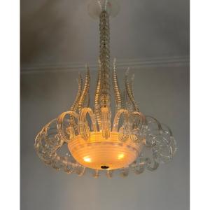 Grand lustre Art Déco en verre de Murano probablement par Seguso, vers 1930