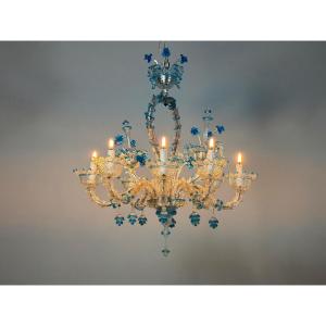 Venetian Chandelier Made Of Clear And Blue Murano Glass, With 8 Light Arms, Circa 1920