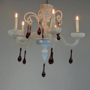 Venetian Chandelier Made Of Opalescent Blue And Amethyst Murano Glass, Circa 1950