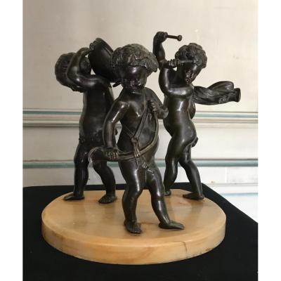 Trois Anges Musiciens, Sculptures En Bronze Sur Socle De Marbre 