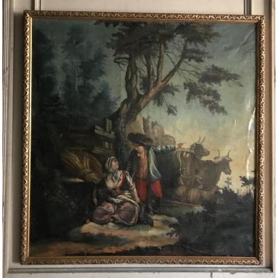 Huile Sur Toile Tendue Sur Un Panneau « scène Pastorale »