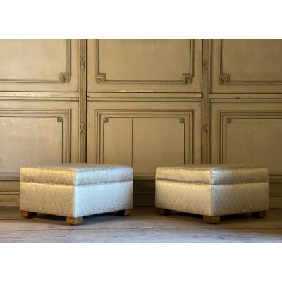 Pair Of Poufs In Golden Silk Around 1980