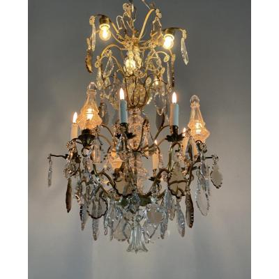 Chandelier 12 Lights Bronze And Pendants Circa 1900