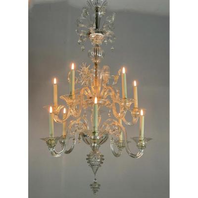 Venetian Chandelier In Transparent Murano Glass 10 Arms Of Light On Two Levels