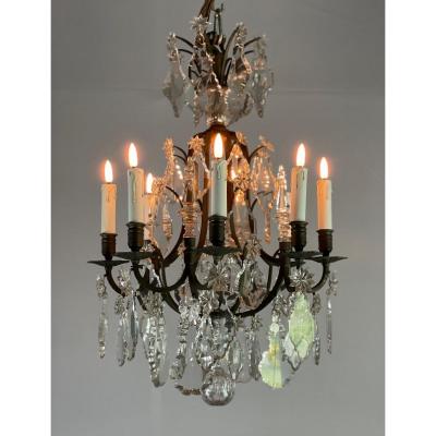 Bronze Chandelier Garnished With Cut Crystal Pendants