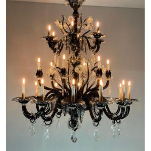 Important Venetian Chandelier In Black And Colorless Murano Glass 24 Arms Of Light