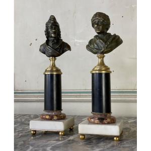 Paire De Bustes En Bronze, Voltaire Et Rousseau, XIXème Siècle 