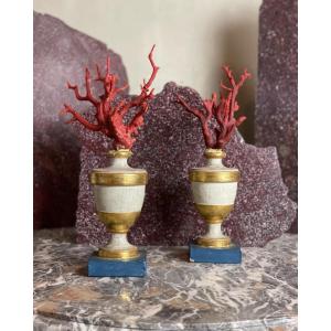 Pair Of Red Corals On Golden And Blue Wooden Pedestals