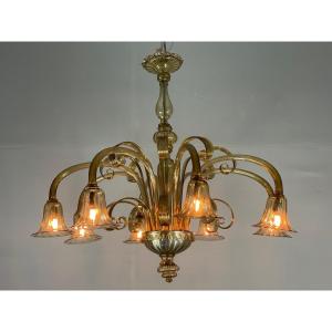 Venetian Chandelier In Golden Murano Glass, 8 Arms Of Light