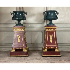 Pair Of Plaster Pedestals In Imitation Of Porphyry And Gilt Bronze Circa 1980