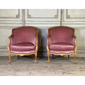 Pair Of Louis XV Style Bergeres In Carved Wood, Pink Velvet Circa 1900