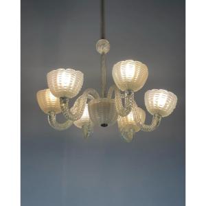 Venetian Chandelier In Colorless Blown Pressed And Molded Murano Glass Circa 1950