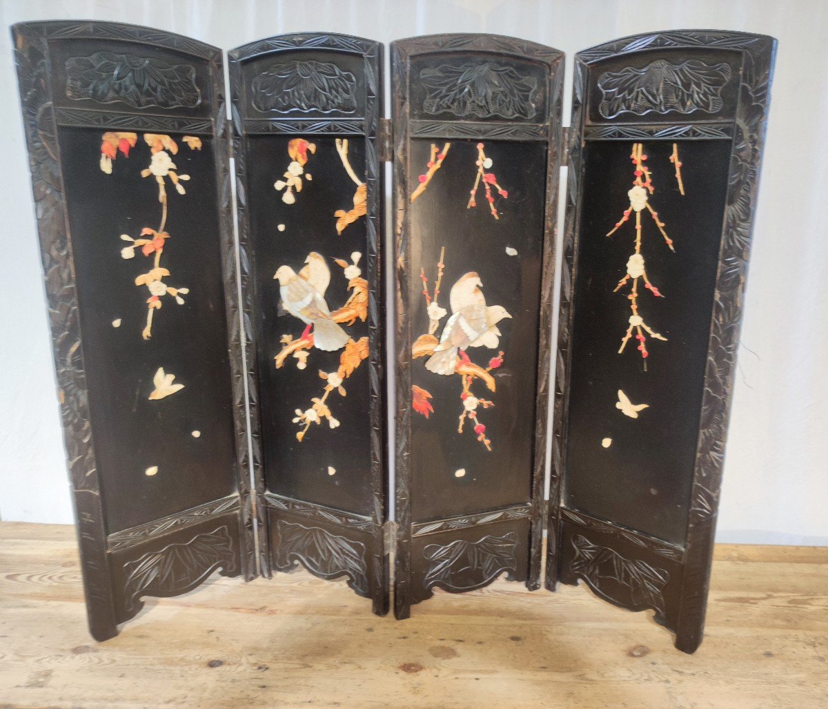 Chinese Lacquered Wood Screen With Inlaid Stones