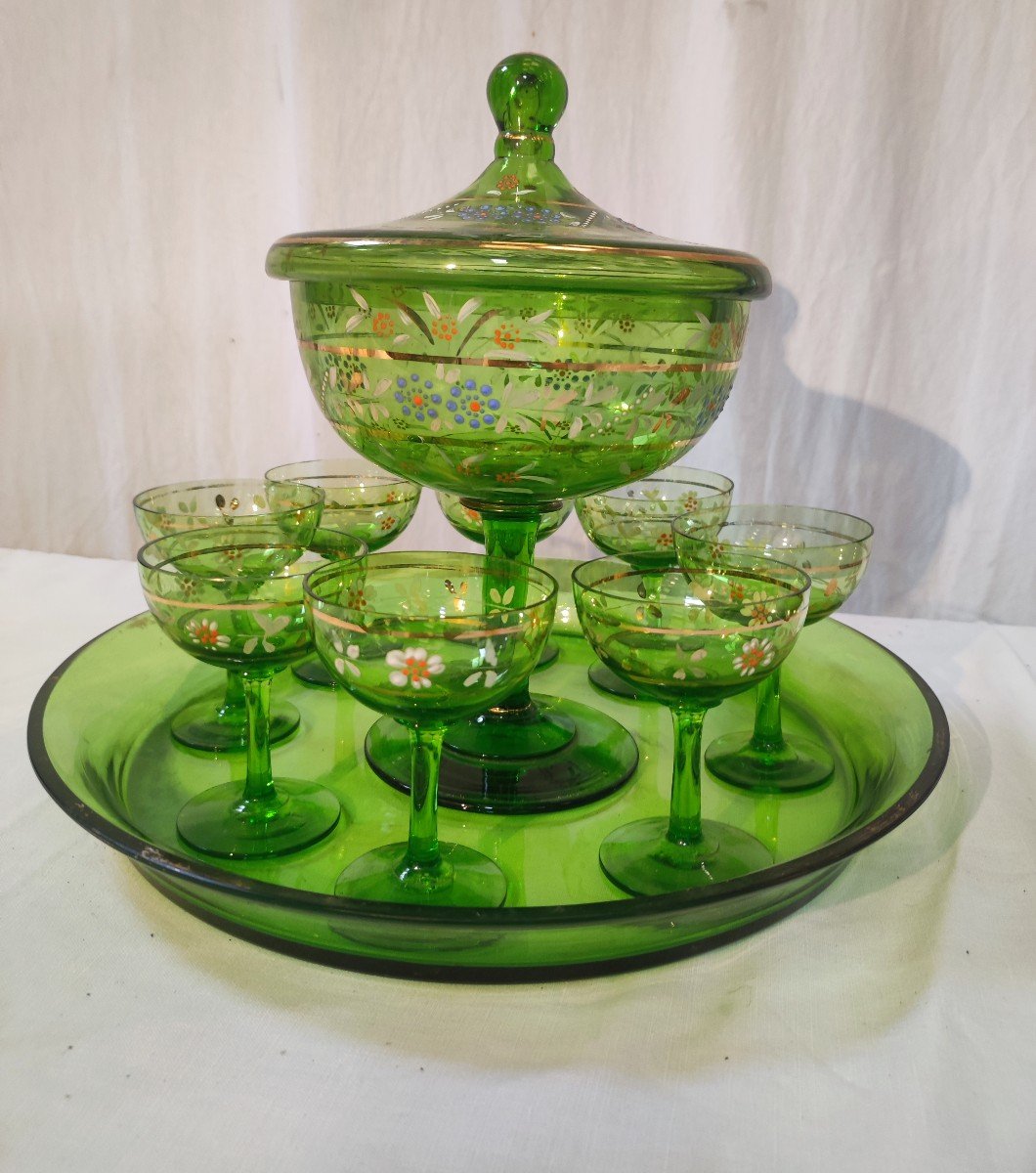 Service en Verre émaillé Plateau Coupe Avec  Huit Verres à Pied