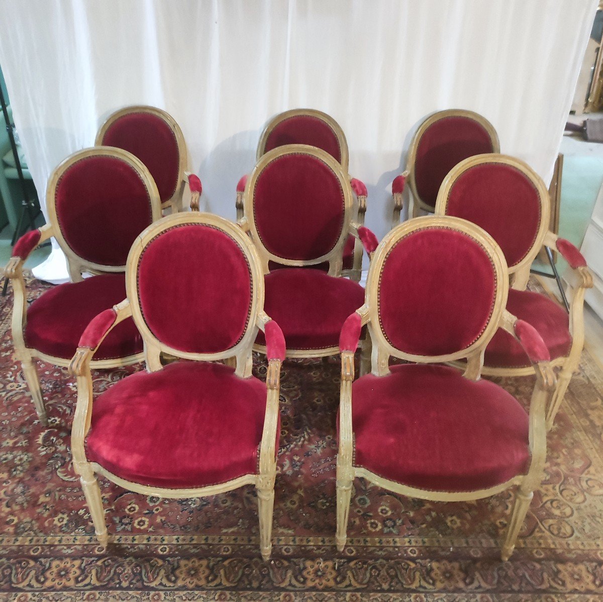 Suite Of Eight Louis XVI Armchairs To The Queen In Lacquered Carved Wood 19 Centuries-photo-1