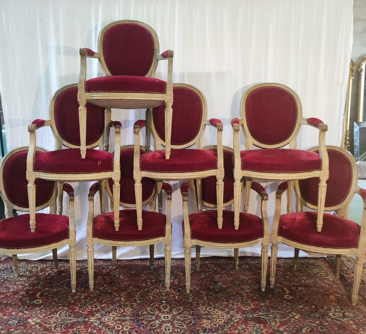 Suite Of Eight Louis XVI Armchairs To The Queen In Lacquered Carved Wood 19 Centuries-photo-2