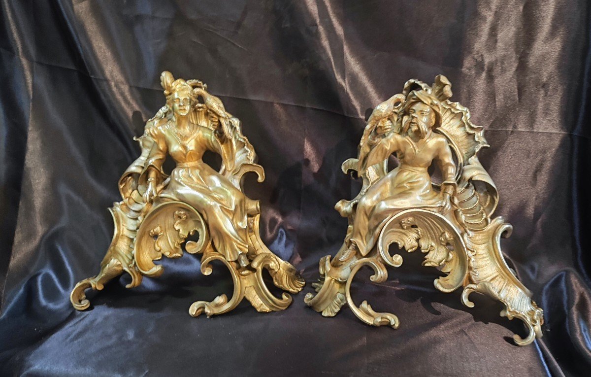 Louis XV Chinese Andirons In Gilt Bronze-photo-2