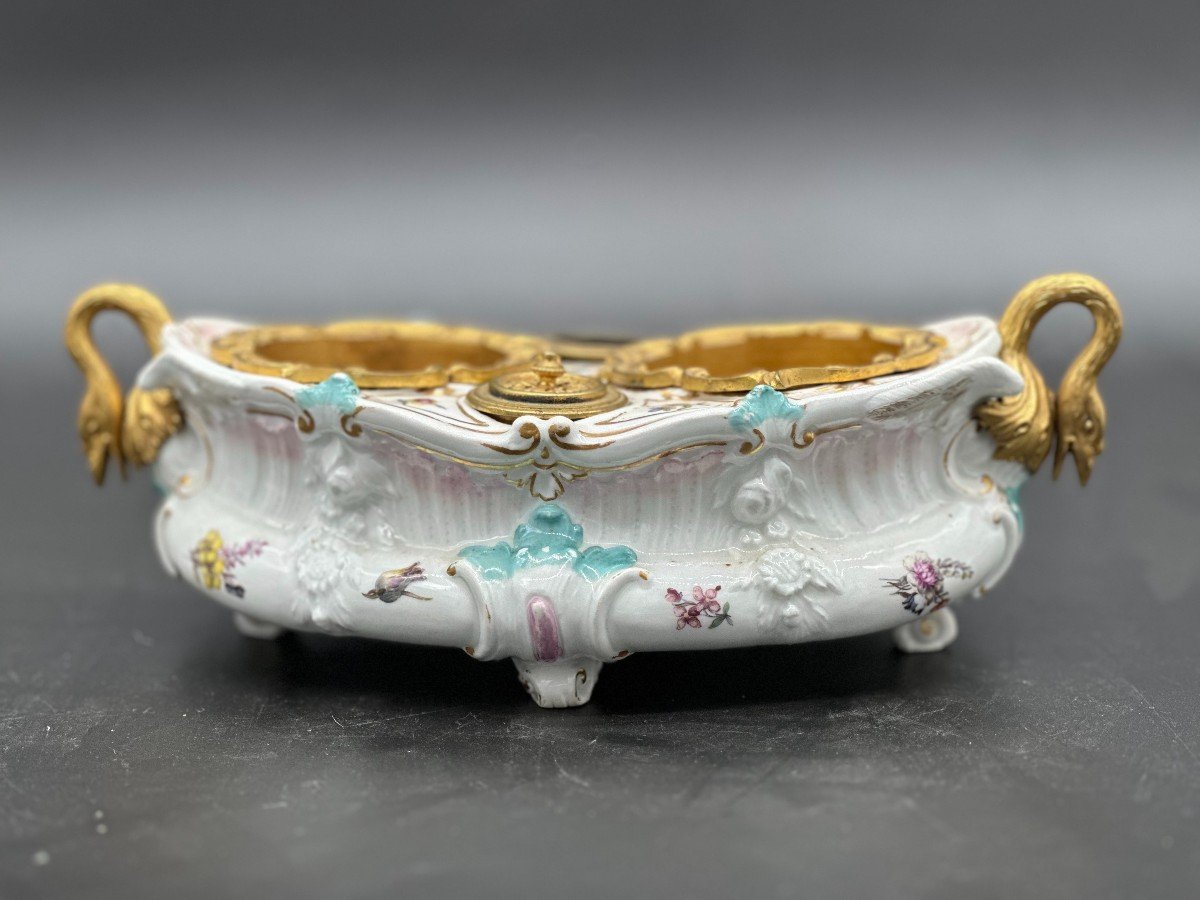 Inkwell Gilt Bronze Porcelain Meissen Germany 19 -th Century-photo-1