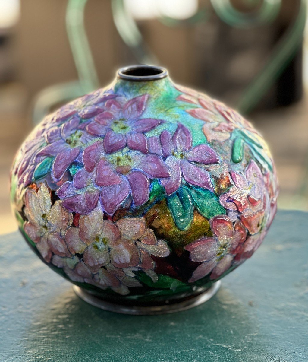 Vase en  émaux De Limoges" signée  Camille Fauré " Fleurs Hortensias XX Siècles -photo-6