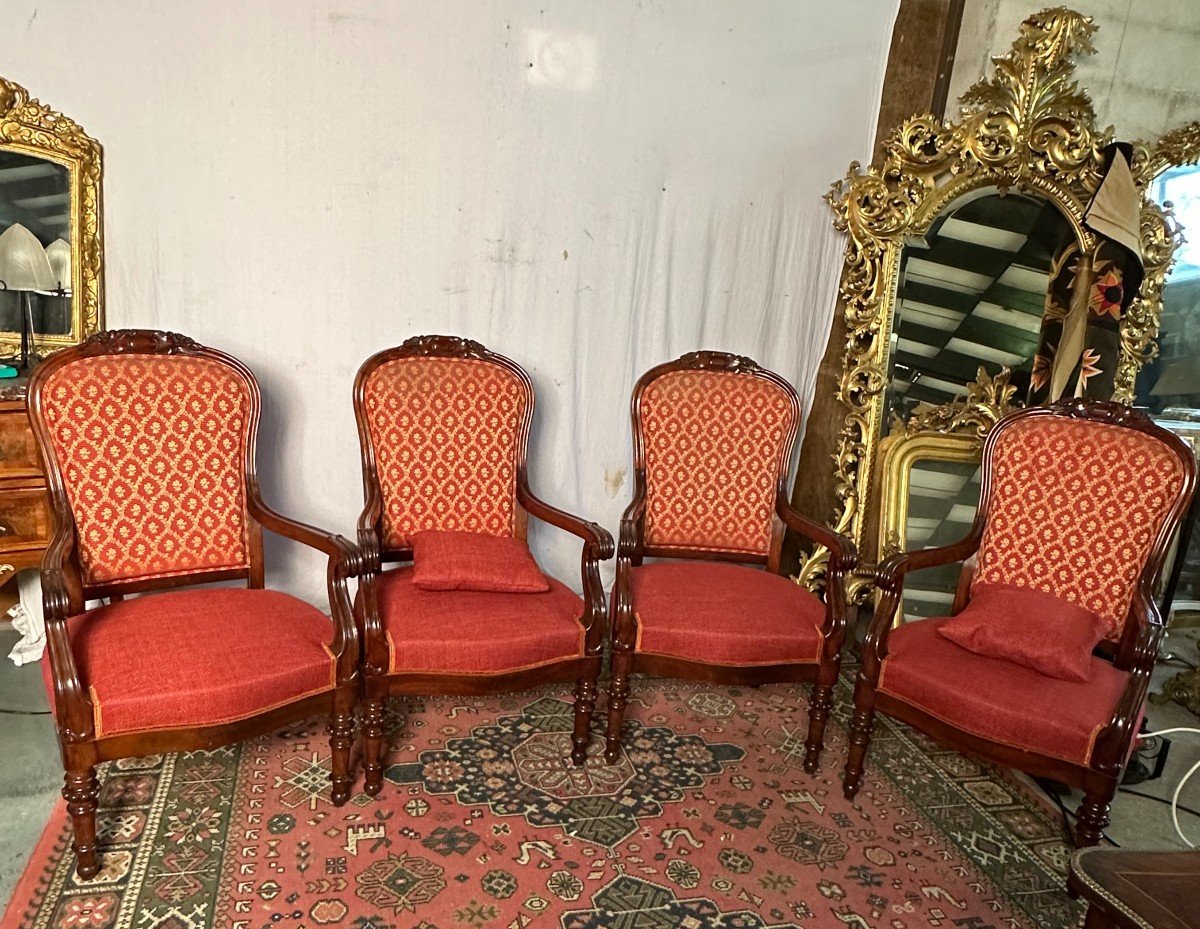 Suite Of Four Mahogany Armchairs Restoration Period-photo-3