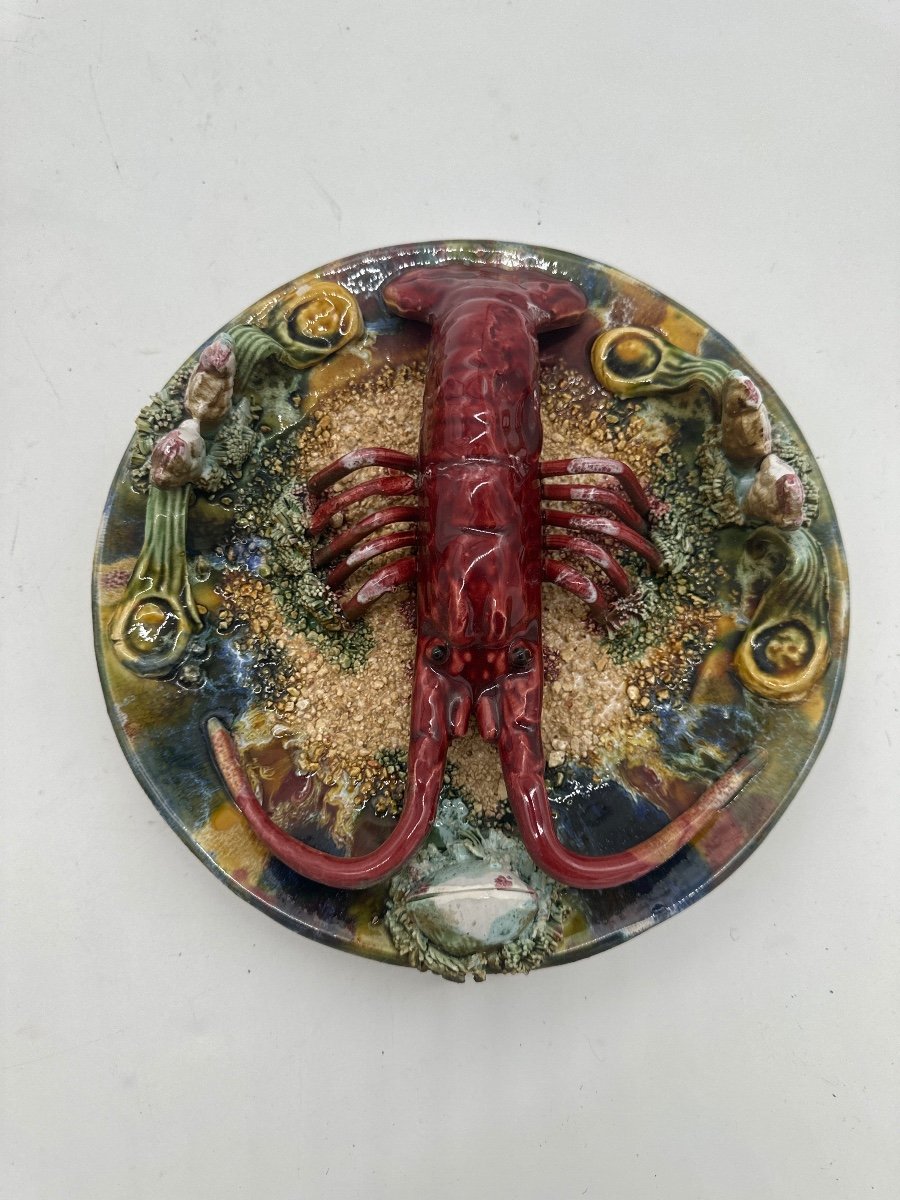Vintage Lobster Plate In Palissy Majolica-photo-4