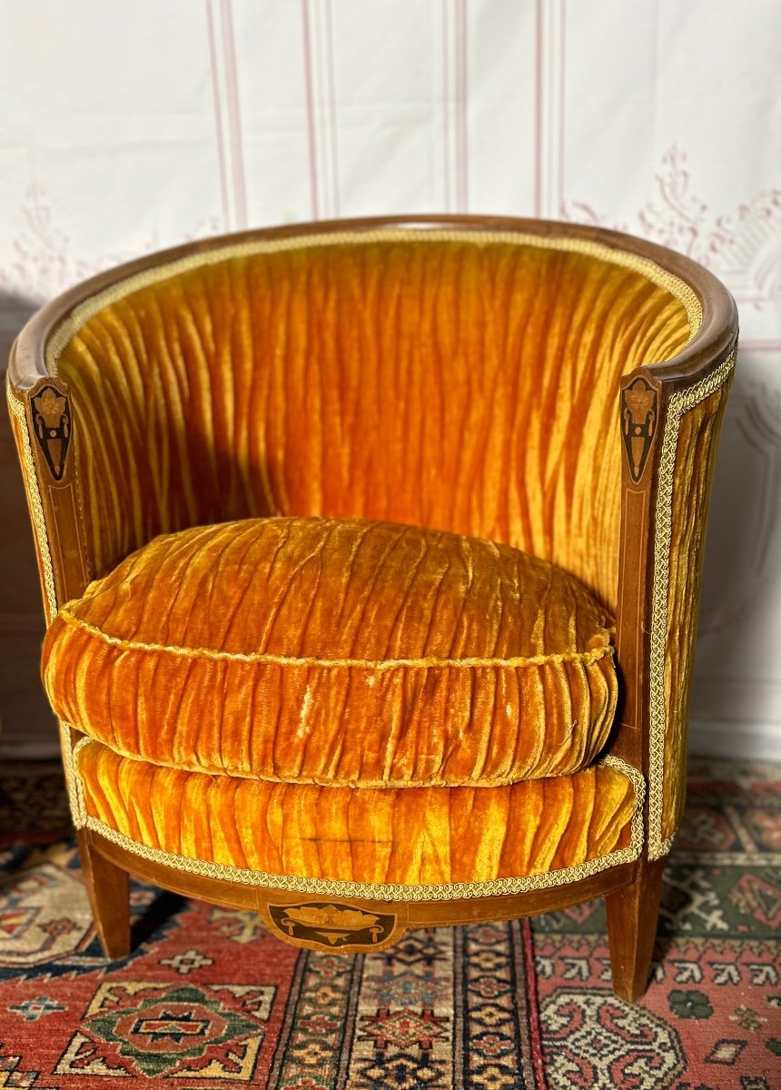Pair Of Art Deco Barrel Armchairs And Bench-photo-5