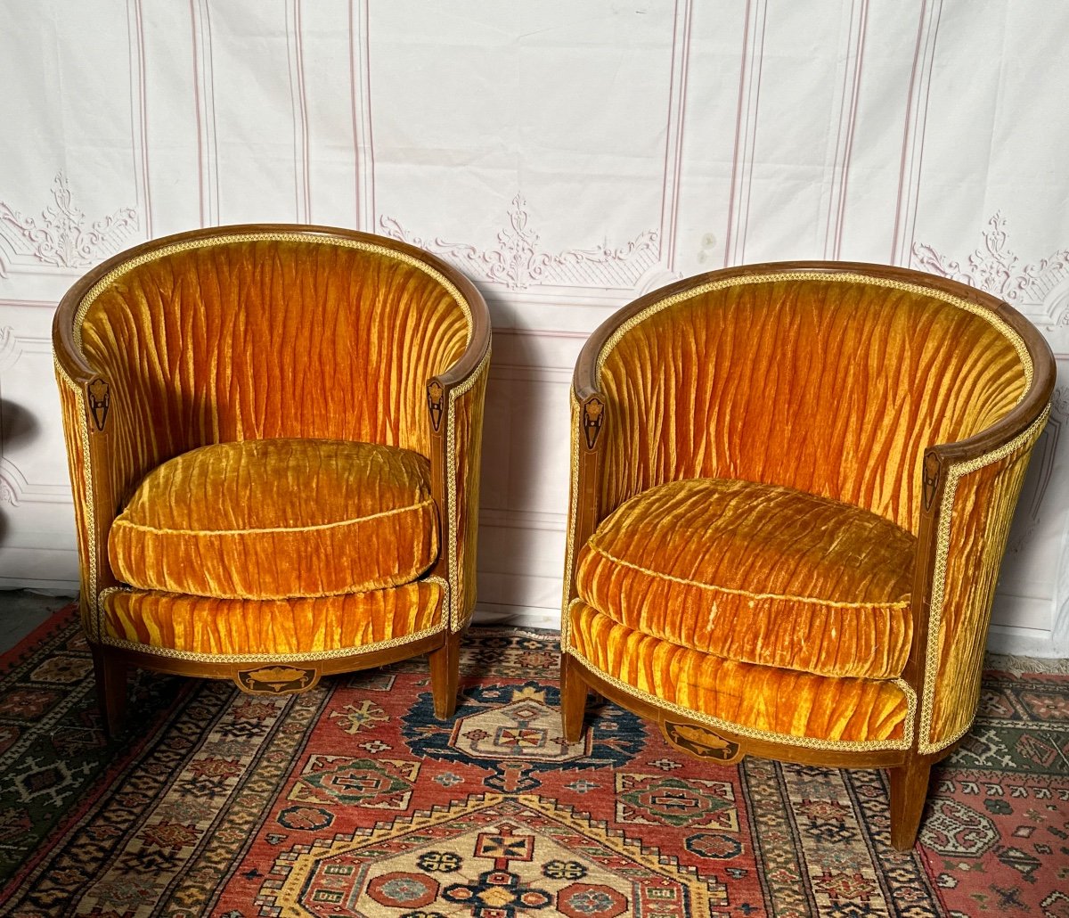 Pair Of Art Deco Barrel Armchairs And Bench-photo-6