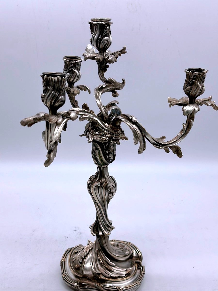 Pair Of Silver-plated Bronze Candelabra, Louis XV Style – 19th Century-photo-2