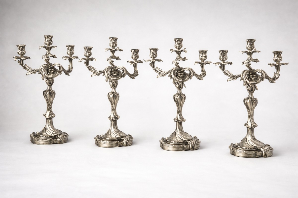 Paire De Candélabres En Bronze Argenté, Style Louis XV – XIXe-photo-5