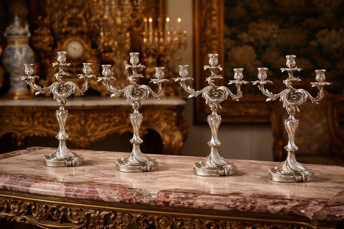 Paire De Candélabres En Bronze Argenté, Style Louis XV – XIXe-photo-1