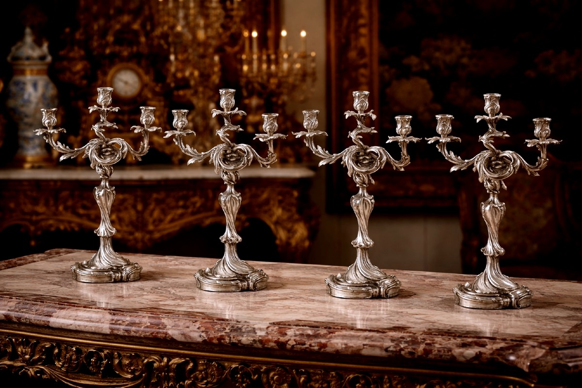 Pair Of Silver-plated Bronze Candelabra, Louis XV Style – 19th Century-photo-1