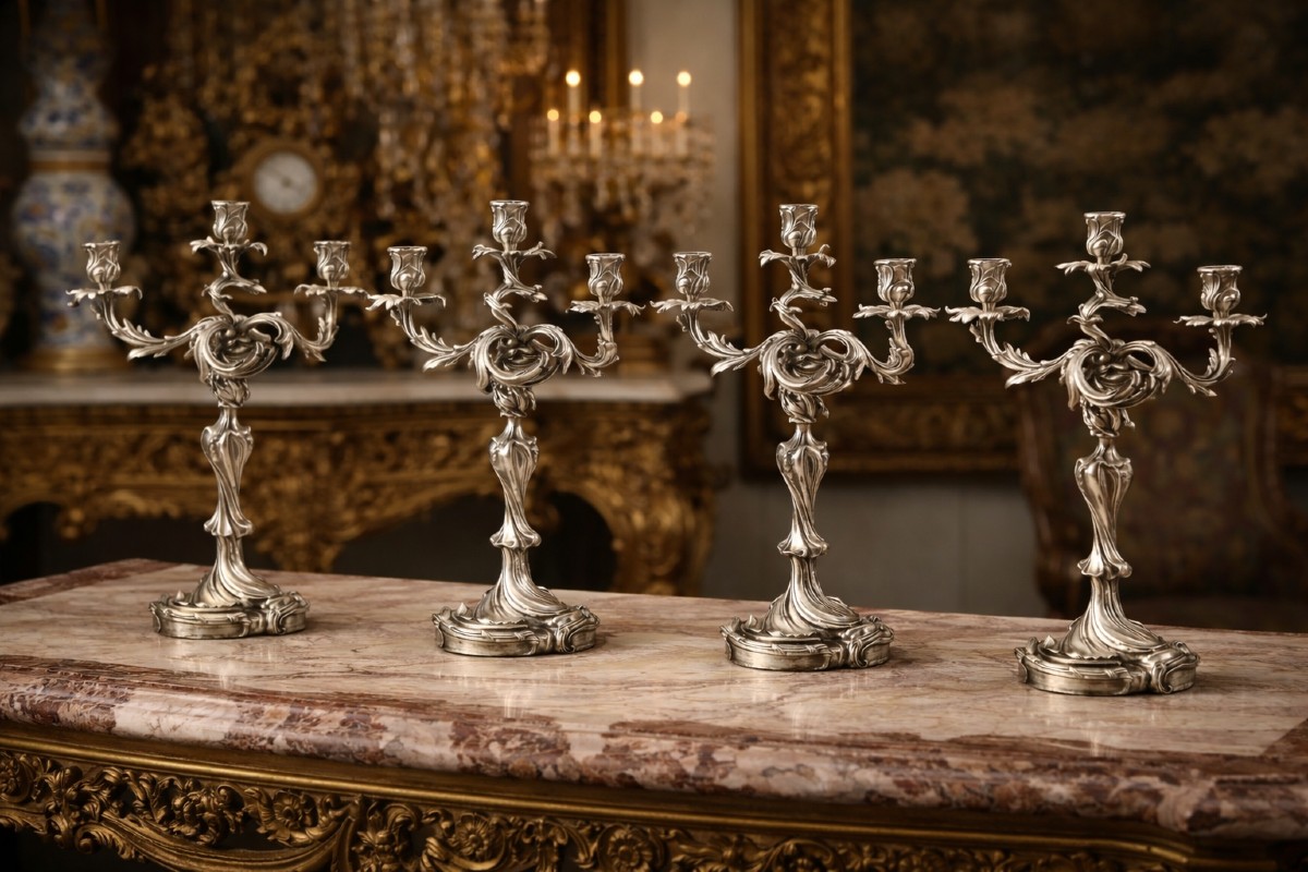 Paire De Candélabres En Bronze Argenté, Style Louis XV – XIXe