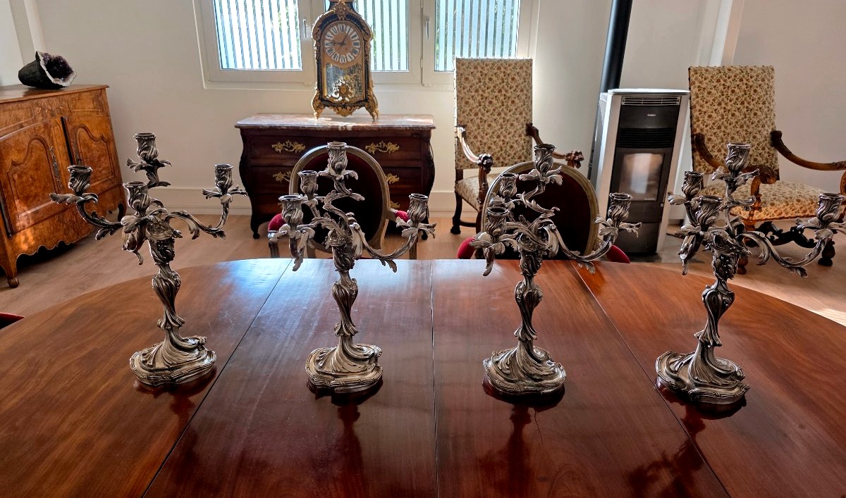 Pair Of Silver-plated Bronze Candelabra, Louis XV Style – 19th Century