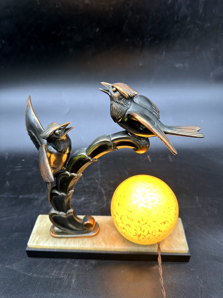 Lampe Veilleuse Art Déco En Marbre  En Métal Patiné Bronze Et Une Opaline-photo-4