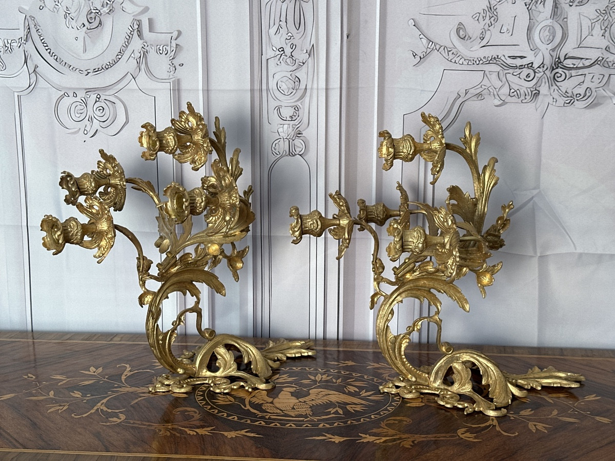 Pair Of Bronze Sconces In The XIVth Century Style, 19th Century-photo-3