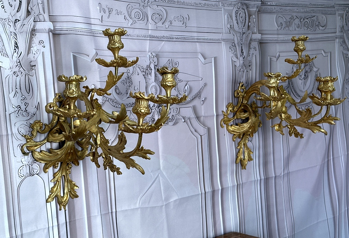 Pair Of Bronze Sconces In The XIVth Century Style, 19th Century