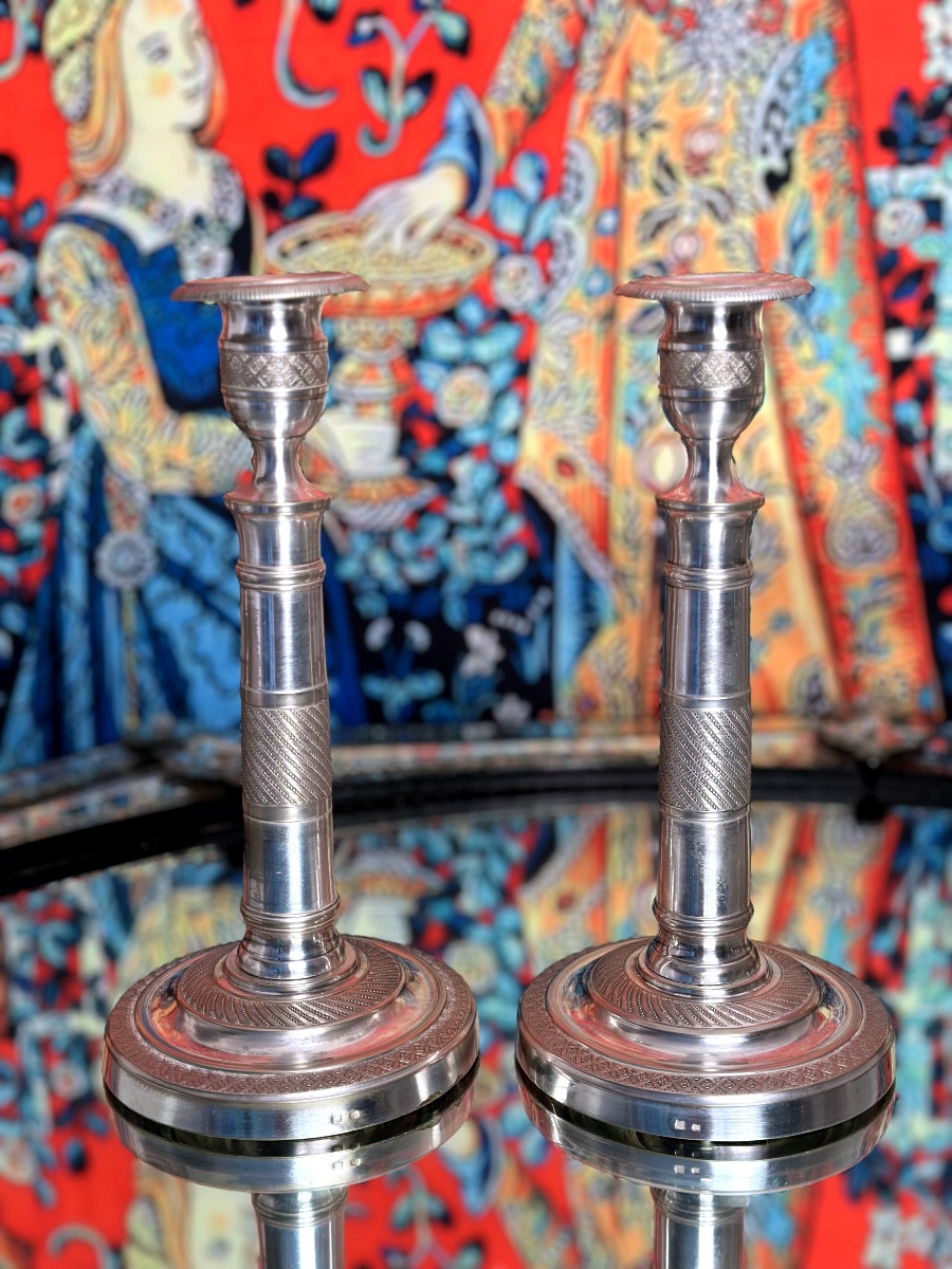 Silver-plated Bronze Candlesticks, Restoration Period, 19th Century-photo-2