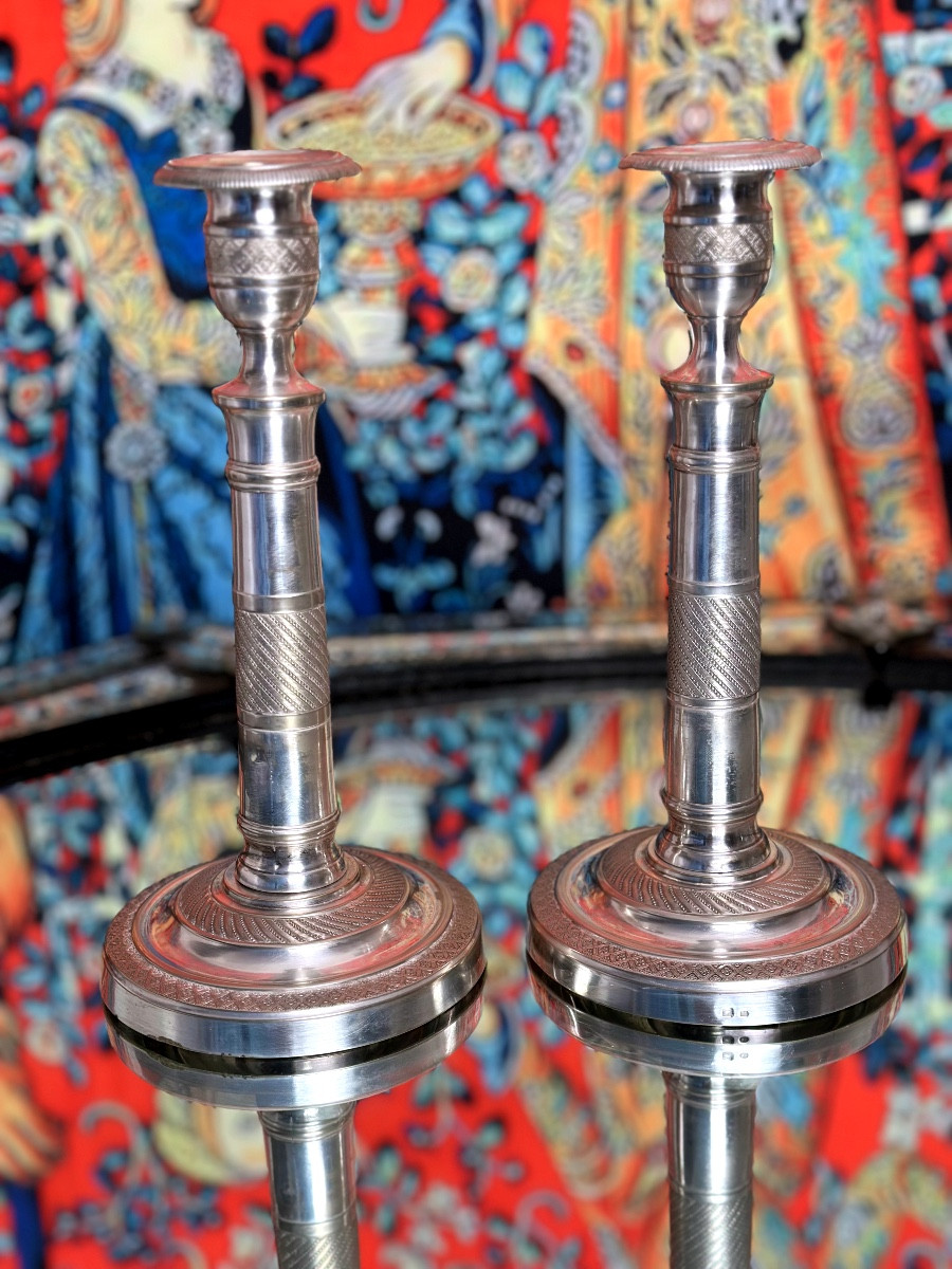 Silver-plated Bronze Candlesticks, Restoration Period, 19th Century-photo-4