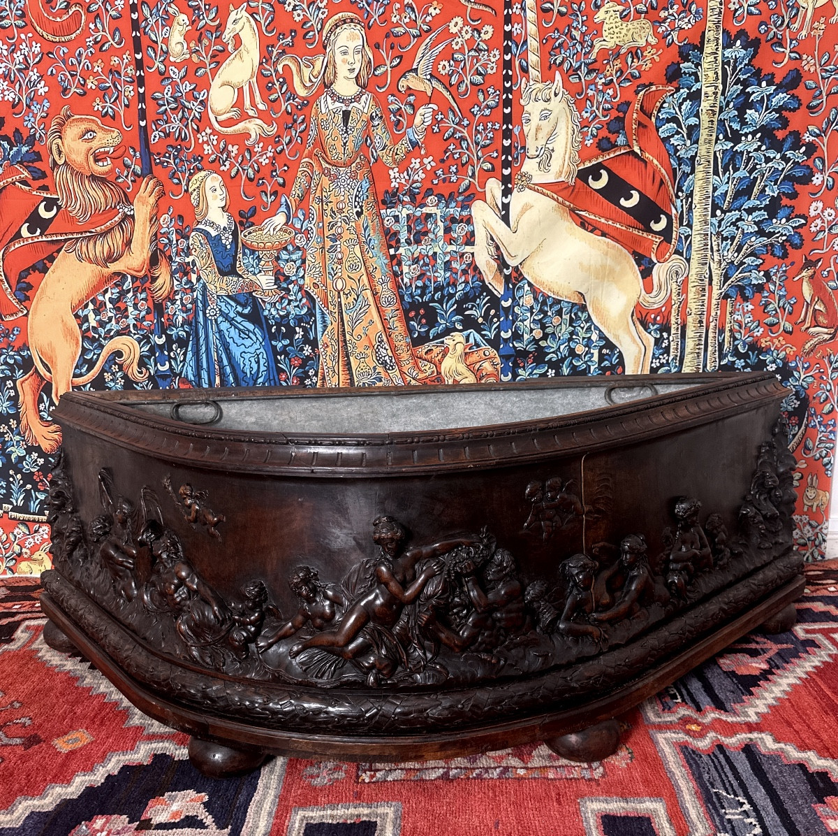 Richly Carved Wooden Basin In Neo-renaissance Style