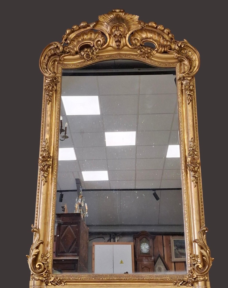 Important Miroir en Bois Doré, style Louis XIV / Louis XV, époque Milieu XIXe-photo-2