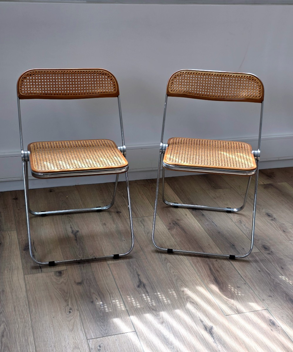 Plia Folding Chairs With Wickerwork By Giancarlo Piretti For Anonima Castelli