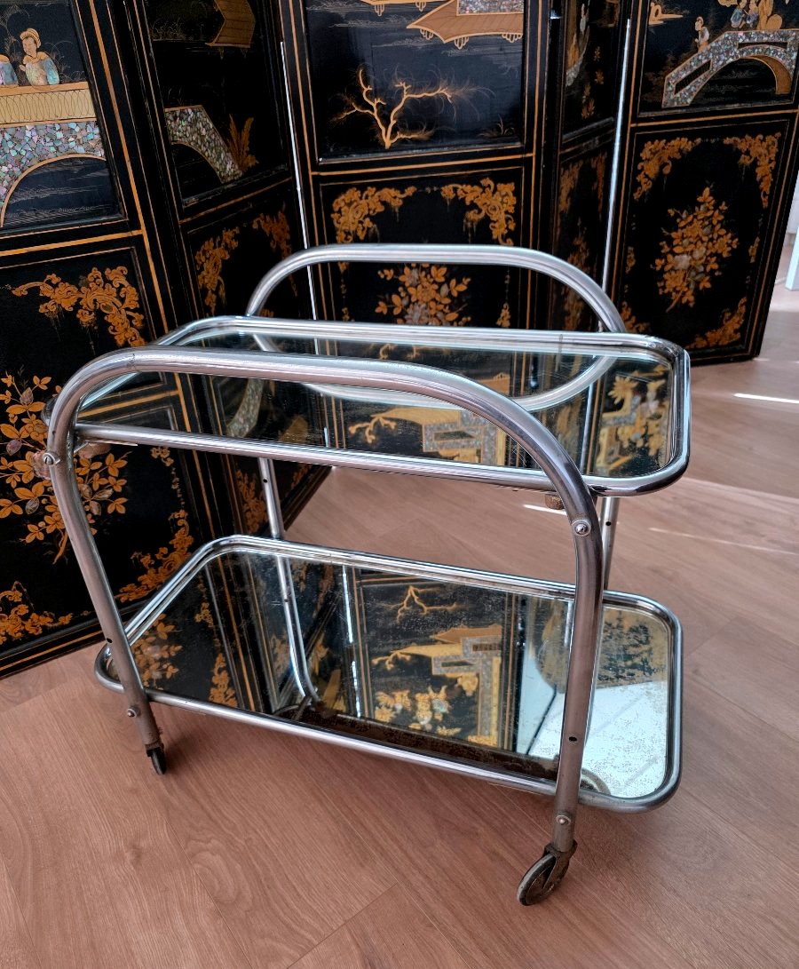 Chariot De Bar Ou De Service Art Déco, Tubes d'Acier Chromés, France Vers 1925-photo-2